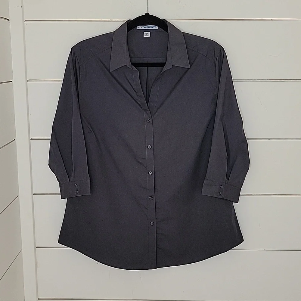NWOT PORT AUTHORITY large grey 3/4 sleeve button down shirt - Picture 1 of 5